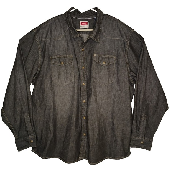 Wrangler Pearl Snap Shirt Mens 3XL Slim Untucked Fit Black Denim Stretch Western - Picture 2 of 9